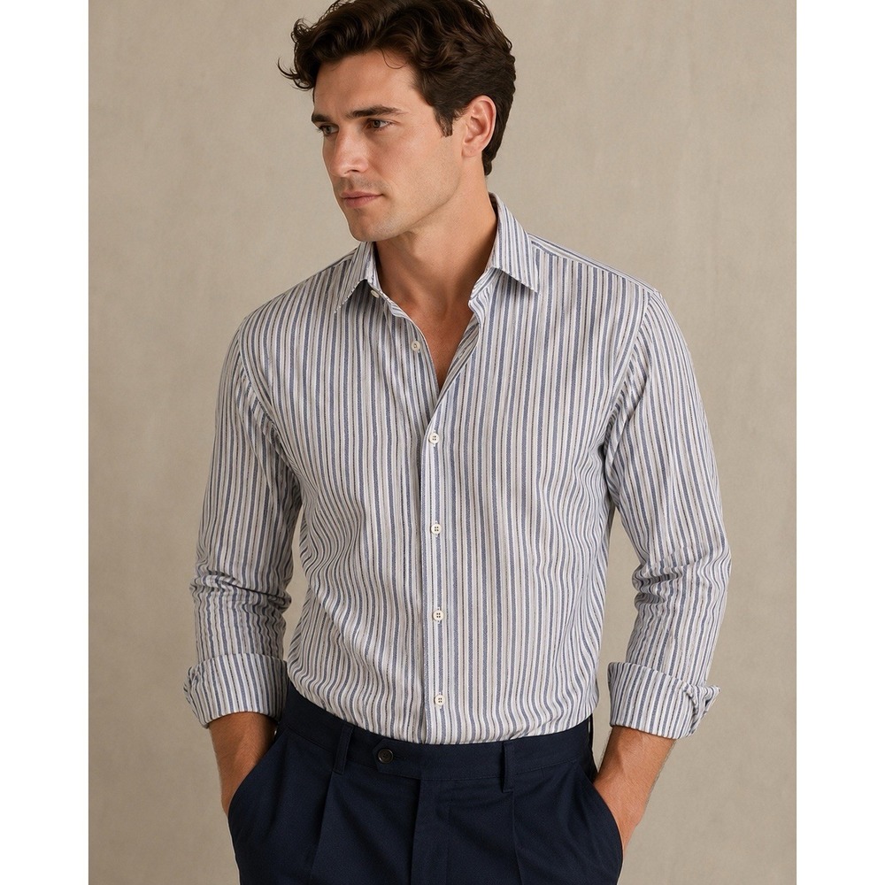 Luchiano Visconti Black Mens Button Down White Blue Stripe Paisley Cuff L Shirt